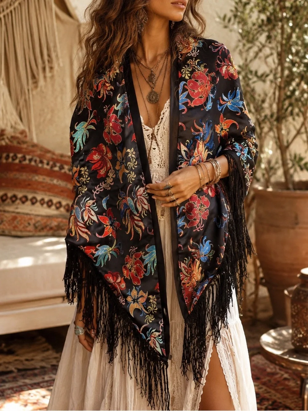 black floral embroidered silk like boho shawl featuring long fringe trim